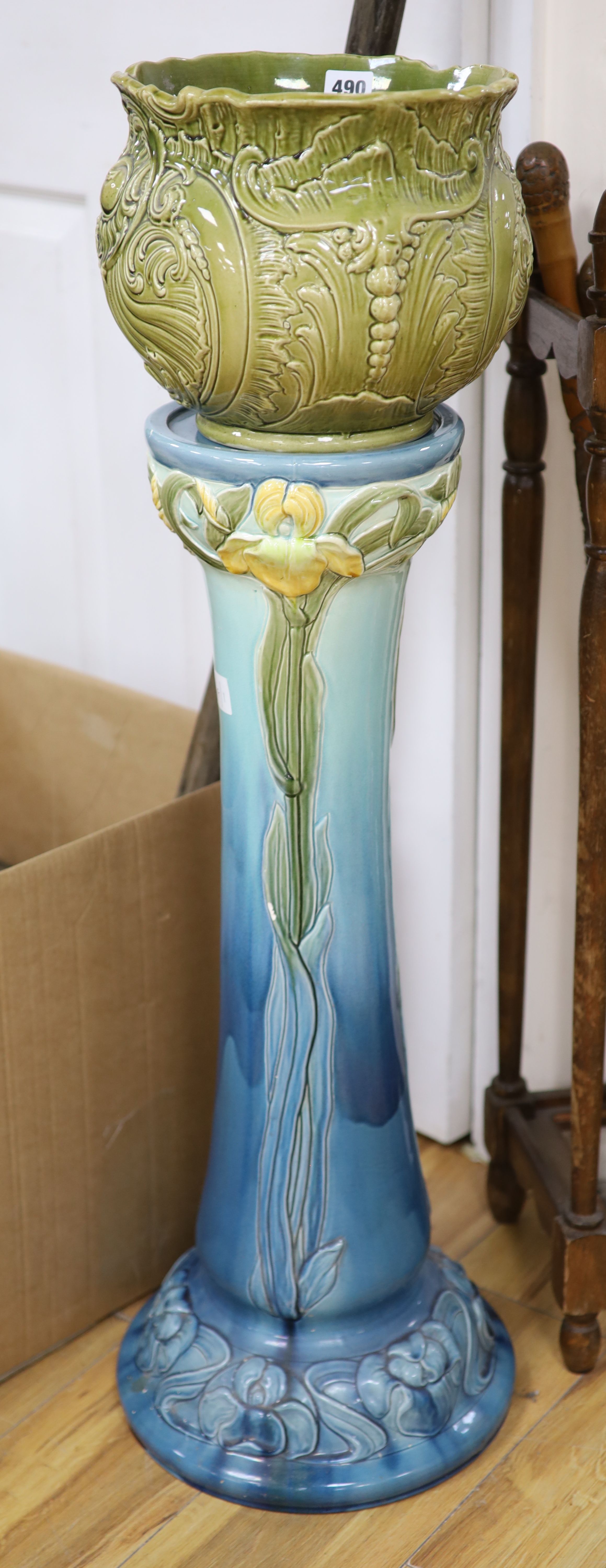 A Burmantoft Art Nouveau pedestal with associated jardiniere, overall 97cm